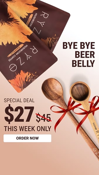 mushroom coffee, functional coffee, coffee blend, wellness coffee, adaptogenic coffee, limited time deal, sale promotion, flat lay, warm, luxurious, orange, brown